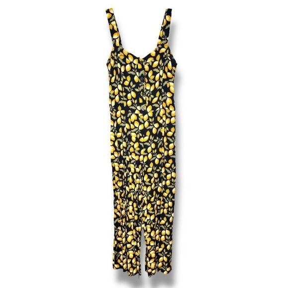 LOFT Black Yellow Lemon Print Jumpsuit Spaghetti Strap Button Up Wide Crop Leg S - Picture 3 of 10